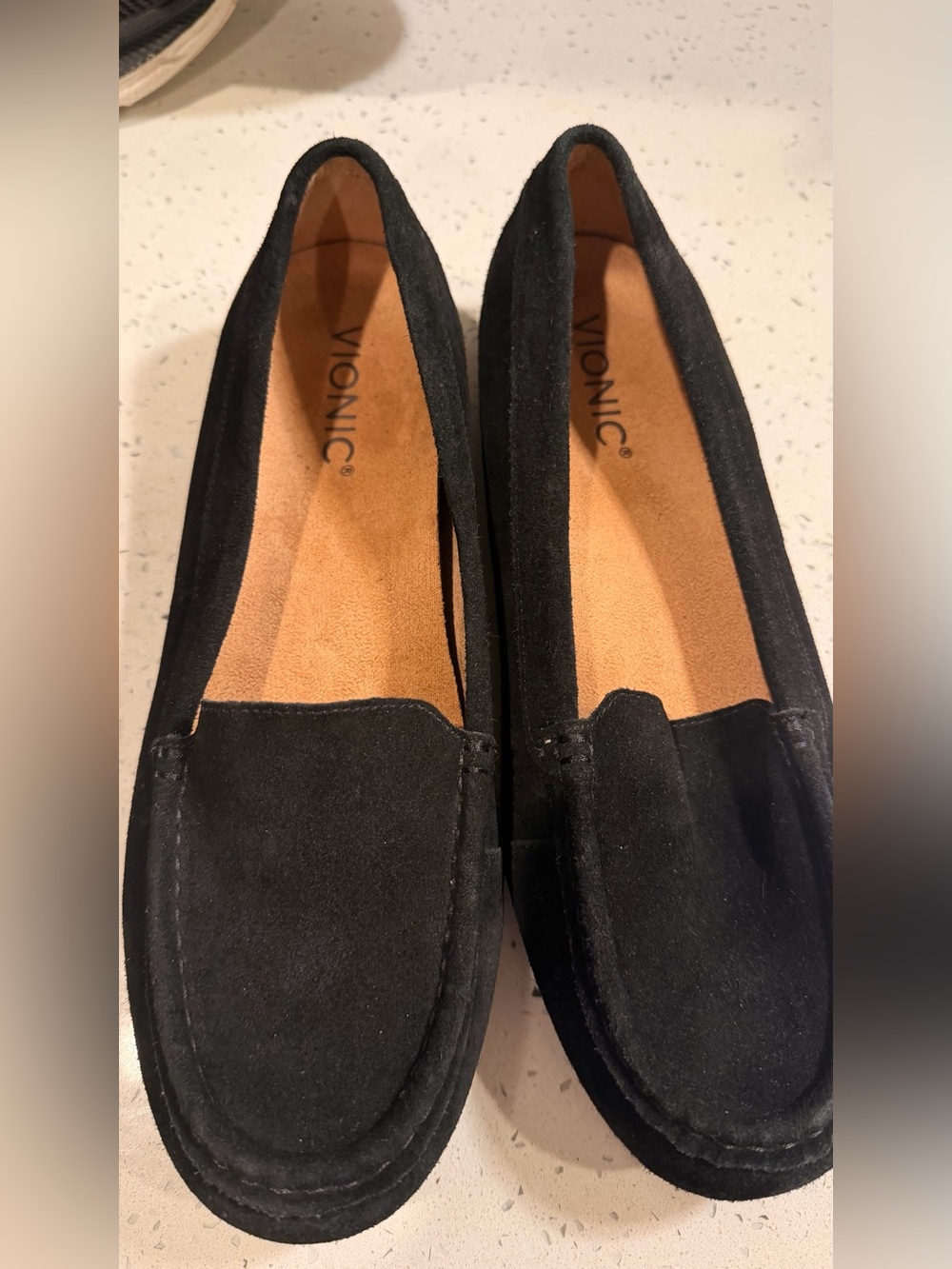 Vionic Black Suede Women's Slip-On Moccasins with Tan Insole